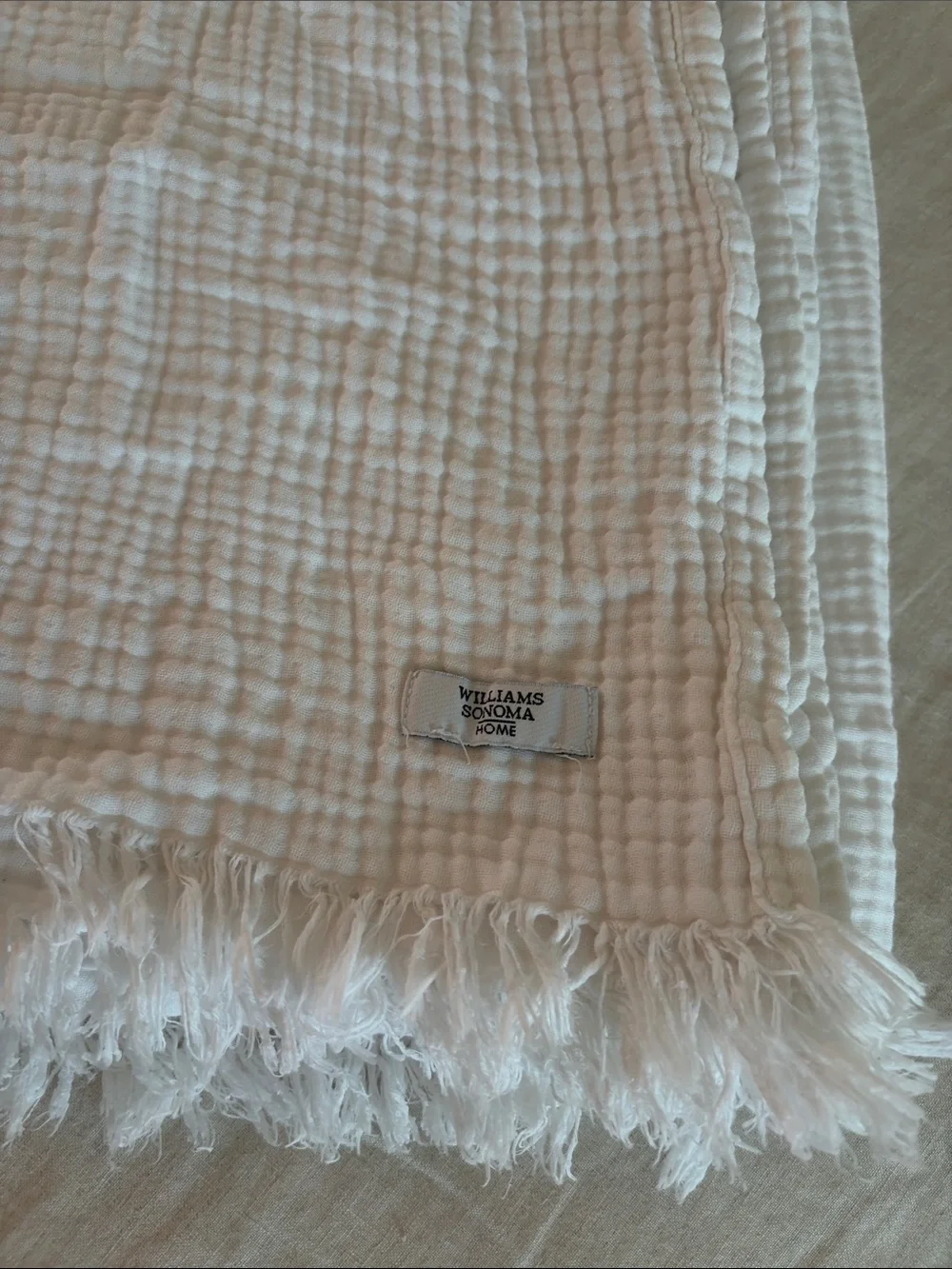 Williams Sonoma Home White Waffle Fringe Throw Blanket